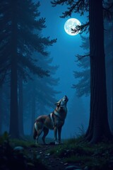Wall Mural - Lone howling wolf standing in the darkness of a forest at night, solitude, full moon, shadows