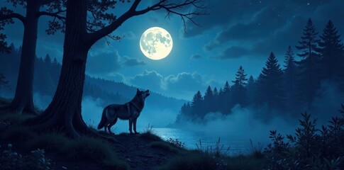 Wall Mural - Moonlit forest landscape with a lone wolf's howl echoing through the trees , wolf, trees, solitude
