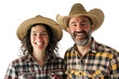 © Ouzhan - a real couple of lovers, happy and smiling, in checkered country clothes in dark yellow and dark red, both are wearing straw hats, on a white background
