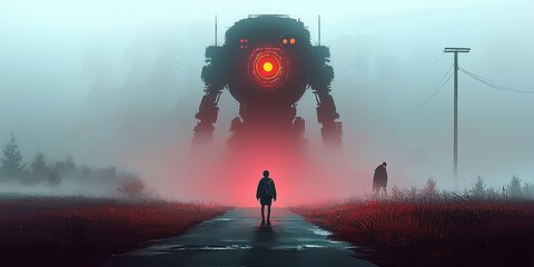 Wall Mural - Surreal scene depicting robots and demons in a realm of fog and mystery.
