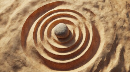 Fototapete - Centered smooth stone in sand circles representing stability and inner strength, highlighting harmony and balance in nature