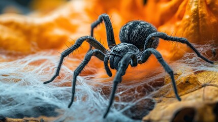 Arachnid's Domain: A formidable spider perches menacingly amidst its intricate web, set against a backdrop of autumn leaves.