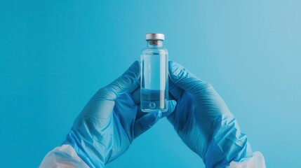 Poster - Hands in blue medical gloves holding a vial of clear liquid against a blue background in a healthcare setting