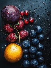 Aufkleber - Fresh fruits arranged on a dark surface, showcasing vibrant colors and water droplets. Generative AI