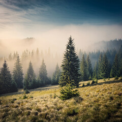 Wall Mural - Misty Forest Landscape – Tranquil Evergreen Trees in Morning Fog Generated Image