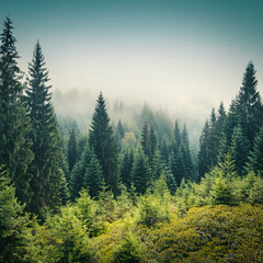 Wall Mural - Misty Forest Landscape – Tranquil Evergreen Trees in Morning Fog Generated Image