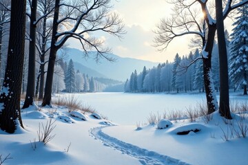 Wall Mural - Snowy forest landscape with bare trees and frozen lake, soft white light, peaceful, natural, winter