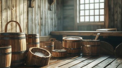 Poster - Traditional sauna setup featuring wooden tubs and buckets filled with water ready for relaxation and wellness rituals in a rustic space