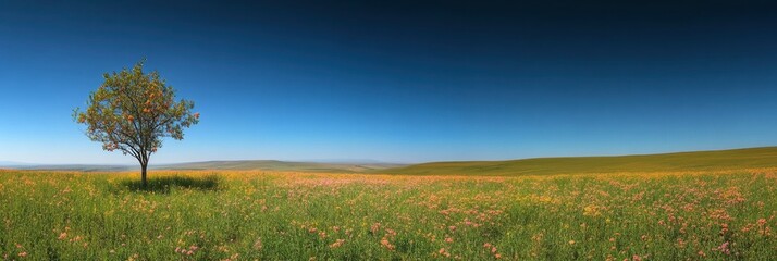 Poster - Vast green field with blooming flowers under a clear blue sky and a lone tree in the foreground