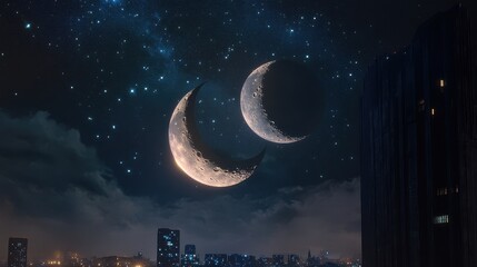 Wall Mural - an advanced utopian city where two moons, full and crescent, rise together, their light bending in a