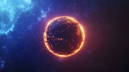 Wall Mural - The image shows a fiery planet, glowing orange and red, set against a backdrop of a dark, star-studded space with a blue nebula in the upper left corner.A medium description sentence:  A molten plane