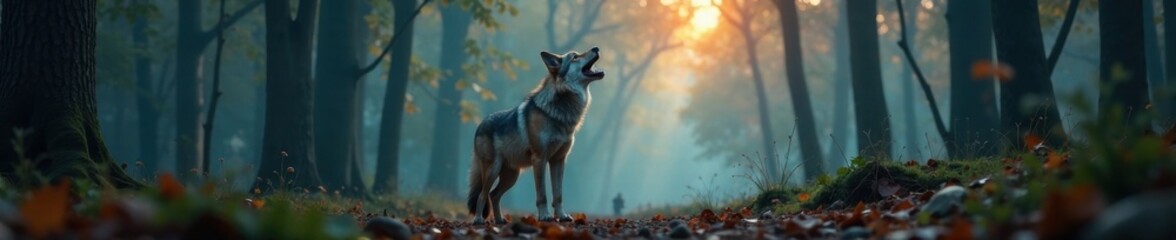 Wall Mural - Wolf standing alone in the forest with its ears perked up and open mouth howling loudly, hunting, wilderness, wildlife