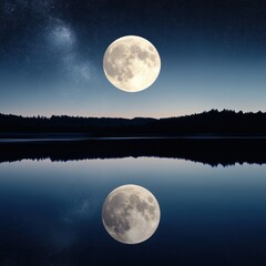 enchanting fairytale night, glowing full moon and crescent moon reflecting on a serene lake, soft ce