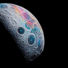 Wall Mural - hyper-detailed lunar landscape, up-close full and crescent moon, illuminated by colorful cosmic ligh