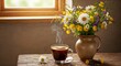 © Mohamed Nageeb - Steaming Coffee with Wildflowers in Rustic Vase near Window