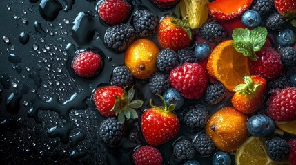 Aufkleber - Fresh fruits displayed on a dark surface with droplets creating a refreshing atmosphere in a vibrant scene. Generative AI