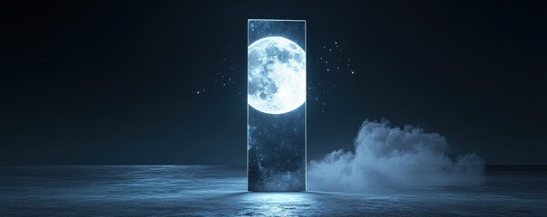 Wall Mural - a futuristic monolith absorbing the energy of a massive full moon and crescent moon, stars forming d