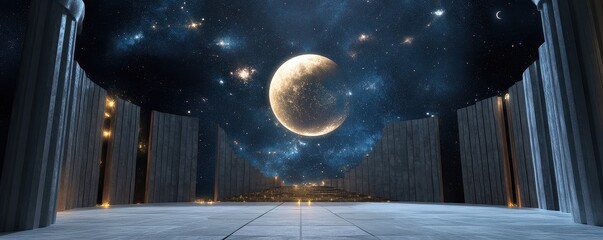 Wall Mural - A grand temple bathed in the light of a golden full moon and a shimmering silver crescent moon, constellations shifting like a celestial clock