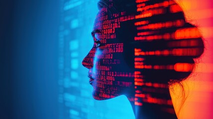 Woman's profile with binary code overlay. Concept of technology, artificial intelligence, and data.