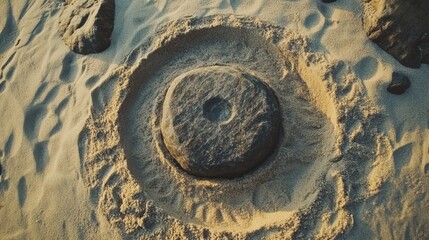Poster - Centered smooth stone surrounded by concentric circles in sand representing stability and inner strength