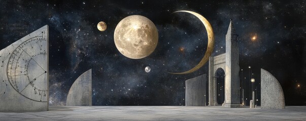 Wall Mural - A grand temple bathed in the light of a golden full moon and a shimmering silver crescent moon, constellations shifting like a celestial clock