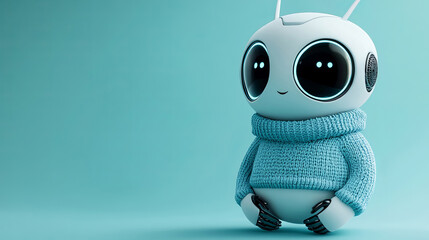 A minimalist white robot with a soft blue sweater stands against a light turquoise background, presenting a simple yet modern design that blends technology with a charming aesthetic.
