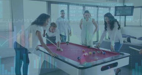 Wall Mural - playing pool, people with financial data processing animation overlay in background