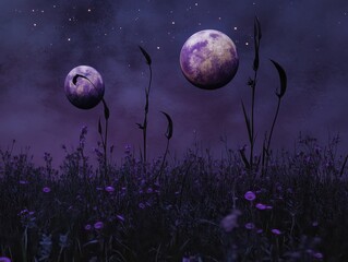 Wall Mural - bioluminescent flora glowing under two mysterious moons, the full moons golden light contrasting wit