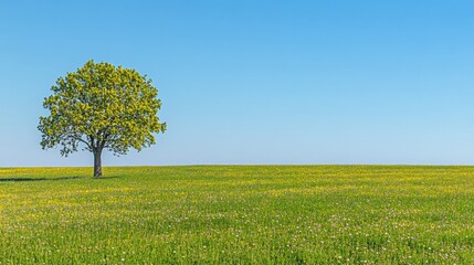 Leinwandbilder - Vast green field with blooming flowers and a lonely tree under a clear blue sky in springtime