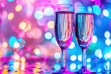 Poster - Festive celebration with champagne glasses sparkling under bright party lights