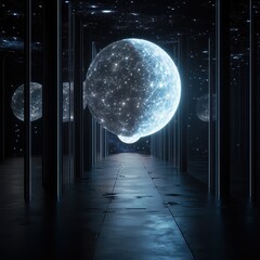 Wall Mural - a futuristic ai hub where data is encoded in the light of twin moons, full moon emitting binary sign