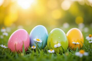  A Vibrant Collection of Colorful Easter Eggs Nestled Among Fresh Green Grass and White Daisies in a Sunlit Spring Meadow