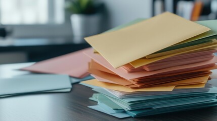 Leinwandbilder - A stack of colorful envelopes on a table