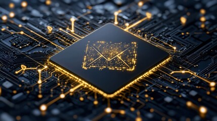 Leinwandbilder - A computer chip with a gold outline of an envelope