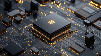 Leinwandbilder - A computer chip is shown in a black and yellow color scheme