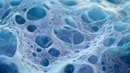 Poster - close up view of porous surface with intricate patterns and textures, resembling sponge or foam structure. image highlights delicate and complex network of holes and fibers