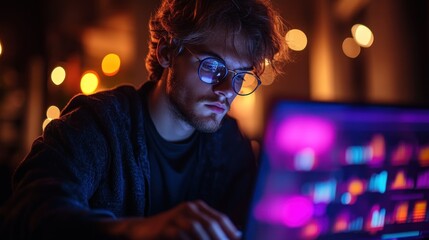 man focused on laptop screen late at night illuminated by soft ambient lighting working perhaps on coding design or studying intently