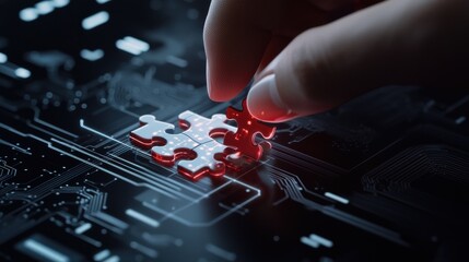 Leinwandbilder - A hand is putting a red piece into a puzzle on a black background