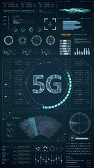 Wall Mural - motion graphic of blue digital 5g letter logo with head up display (hud ui) panel and futuristic tec