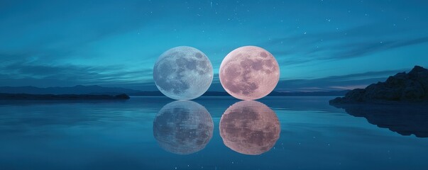 Wall Mural - A crystalline lake reflecting two radiant moons, the full moon appearing as a colossal energy sphere, constellations shifting in the sky
