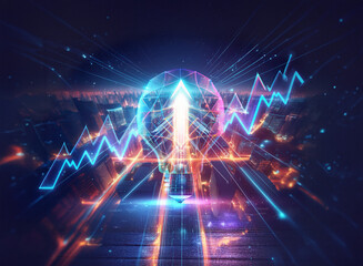 Wall Mural - futuristic double exposure of a glowing arrow and graph over a dark city at night with bright light 