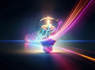 Poster - double exposure art merges a flower within a lightbulb, illuminated by vibrant light trails against 