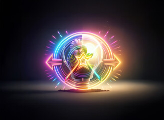 Wall Mural - double exposure art featuring a glowing lightbulb with a star shape, encircled by vibrant neon rings