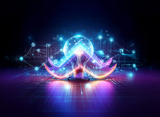 Wall Mural - abstract double exposure creates a futuristic glowing geometric form. bright lines and dots connect 