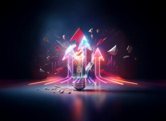 Wall Mural - a vibrant double exposure image with a glowing light bulb at the center, surrounded by dynamic red a