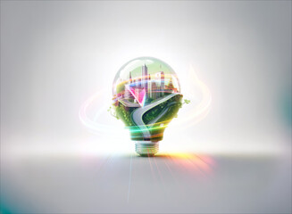 Wall Mural - a double exposure image of a light bulb filled with a vibrant cityscape and lush greenery against a 