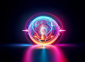 Wall Mural - vibrant double exposure art shows a glowing brain outline within a neon circle, radiating bright col