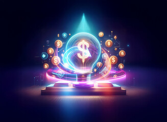 Wall Mural - glowing dollar sign in a sphere with coins and neon lights, creating a double exposure effect on a p