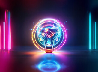 Wall Mural - vibrant neon lightbulb with double exposure art. handshake and water droplets blend inside, casting 