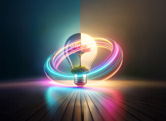Poster - vibrant double exposure art shows a glowing light bulb containing a small tree, encircled by bright 